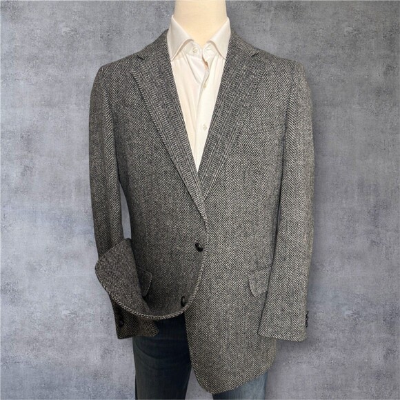 Vintage TWEED WOOL Mens Blazer Sport Coat Two Button Jacket 44L Gray Herringbone - Picture 2 of 15